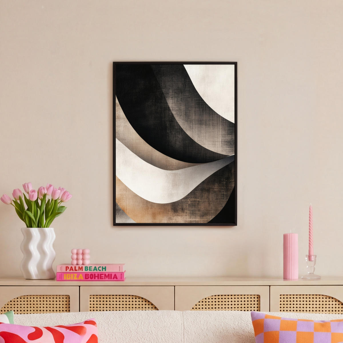 LEINWAND Bilder mit Rahmen - Abstrakt - Wellen - Schwarz - Verwittert - 60x80 - Trüffeleichefarben, Textil (60/80cm) - MuchoWow