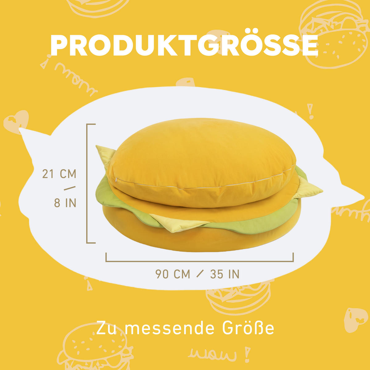 BODENSOFA Kissen in Hamburgerform - Gelb, Textil (90/90/21cm) - Vercart