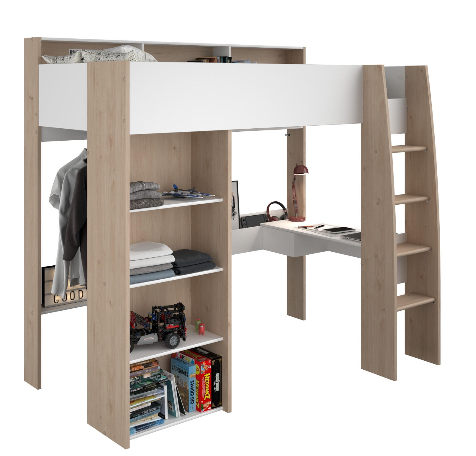 HOCHBETT Jugendzimmer Bett 90 cm mit Schreibtisch und Stauraum - Multicolor, Holz/Holzwerkstoff (90/200cm) - Parisot Meuble