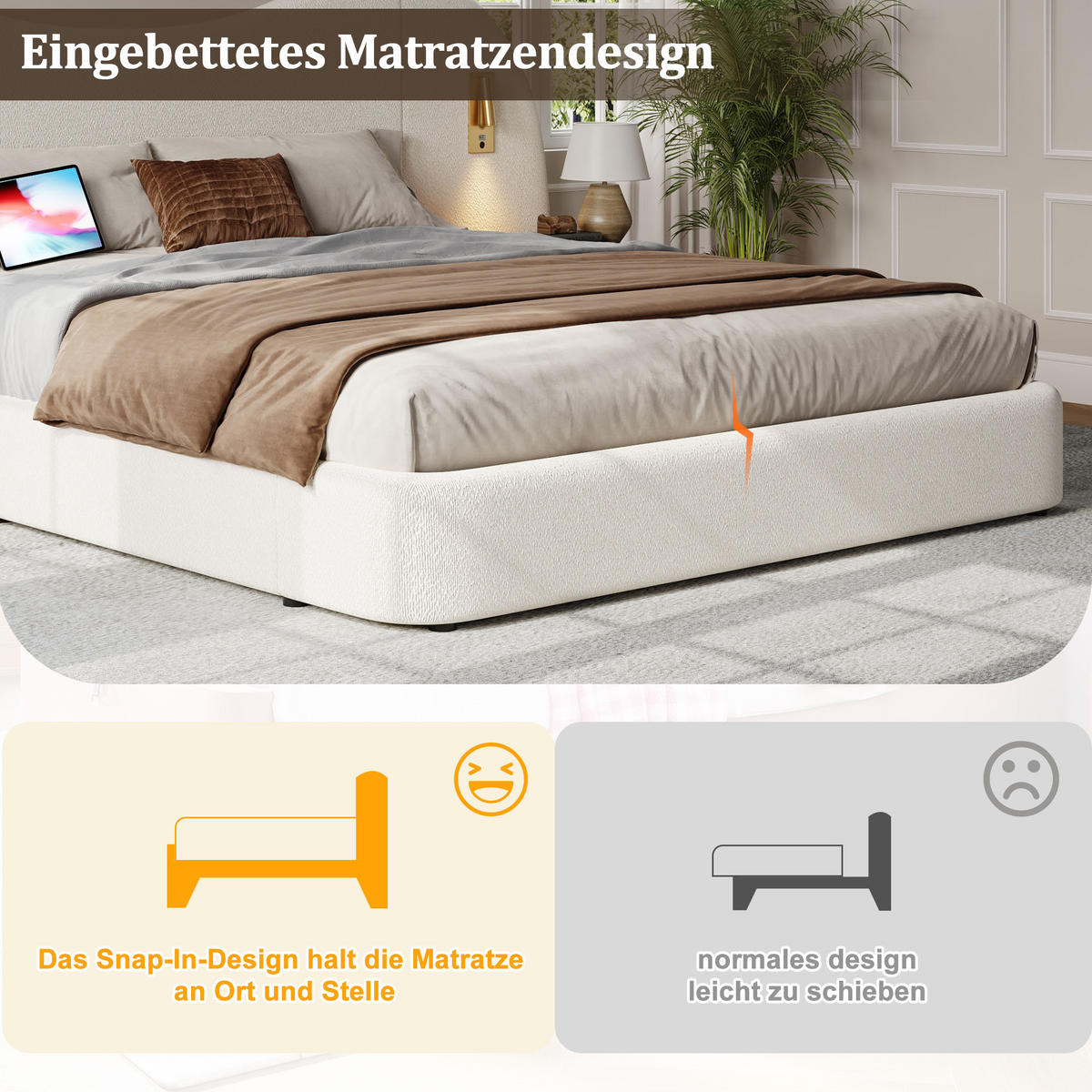 POLSTERBETT 180/200 cm weiß aus Bouclé mit hydraulischem Stauraum - Weiß, Textil (180/200cm) - OKWISH