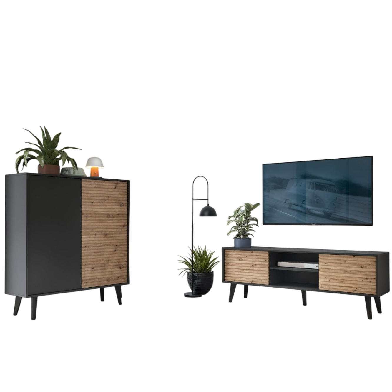 WOHNWAND Saskatoon 2, 2-er Set, Front MDF 18 mm Eiche Handwerker Schwarz - Schwarz, Glas/Holz (258/125/39cm) - Komodee