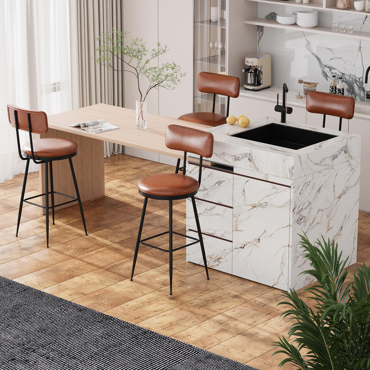 BARHOCKER 4er Set Metallgestell Kunstleder Rückenlehne Fußstütze 65 cm braun - Braun, Holz (38/85.5/38cm) - LEBENLANG