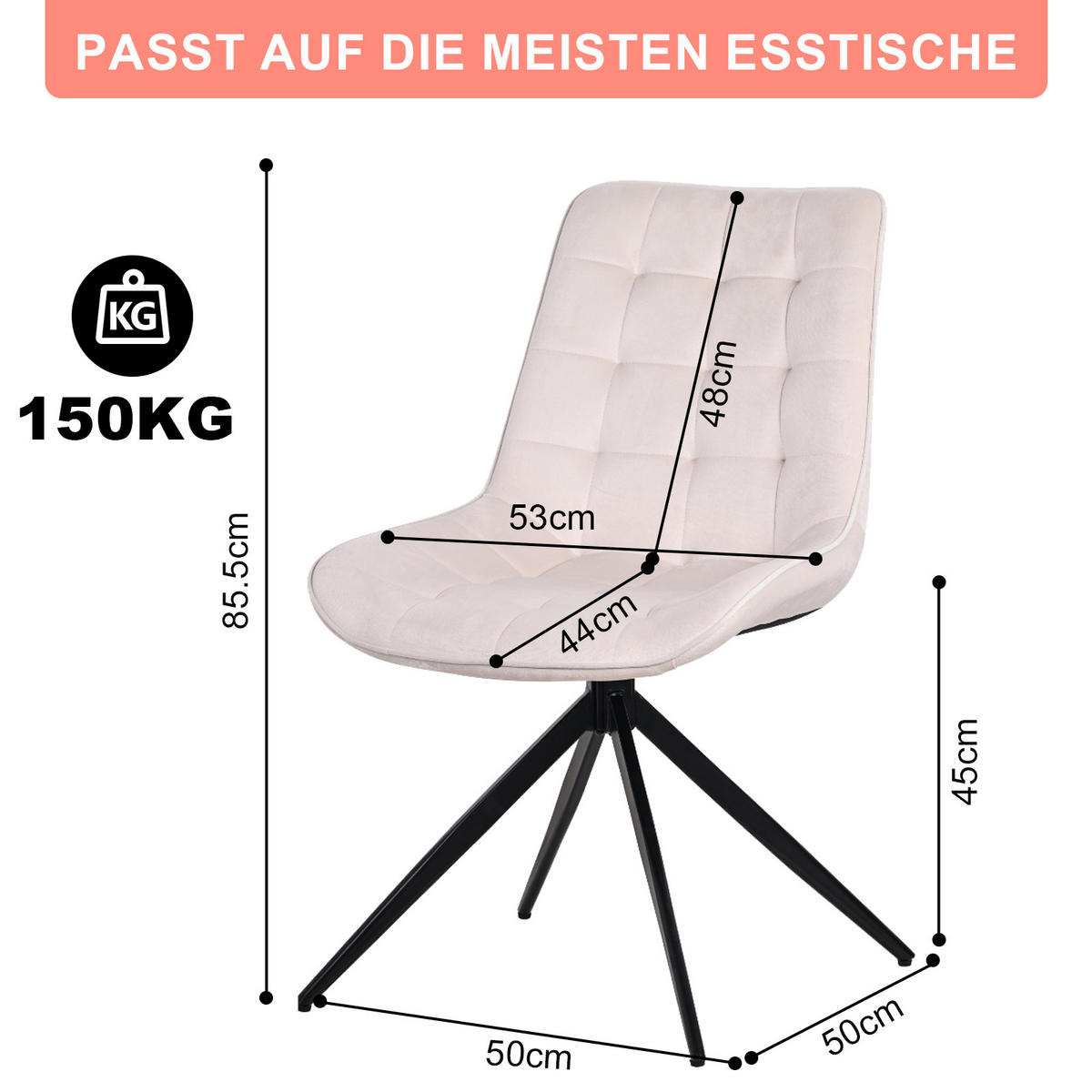 ESSZIMMERSTUHL-SET 2 Stück mit Drehfunktion aus Samt(YZ4) - Weiß, Textil (53/85.5/62cm) - HOMAVO