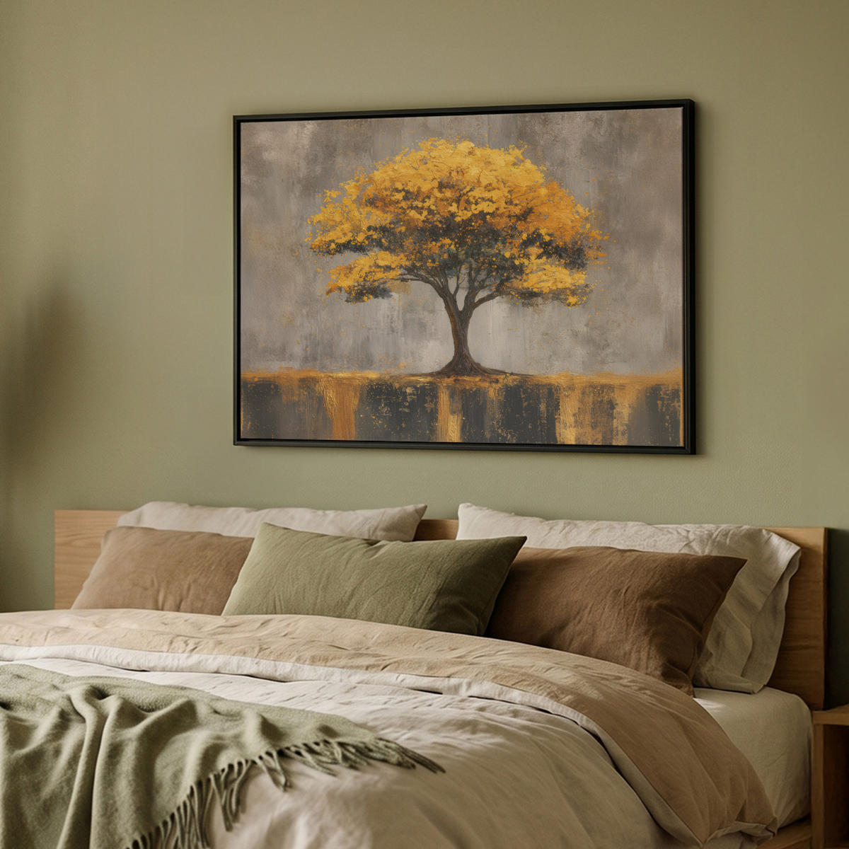 LEINWAND Bilder mit Rahmen - Baum - Blätter - Gold - Abstrakt - 100x70 - Grau, Textil (100/70cm) - MuchoWow