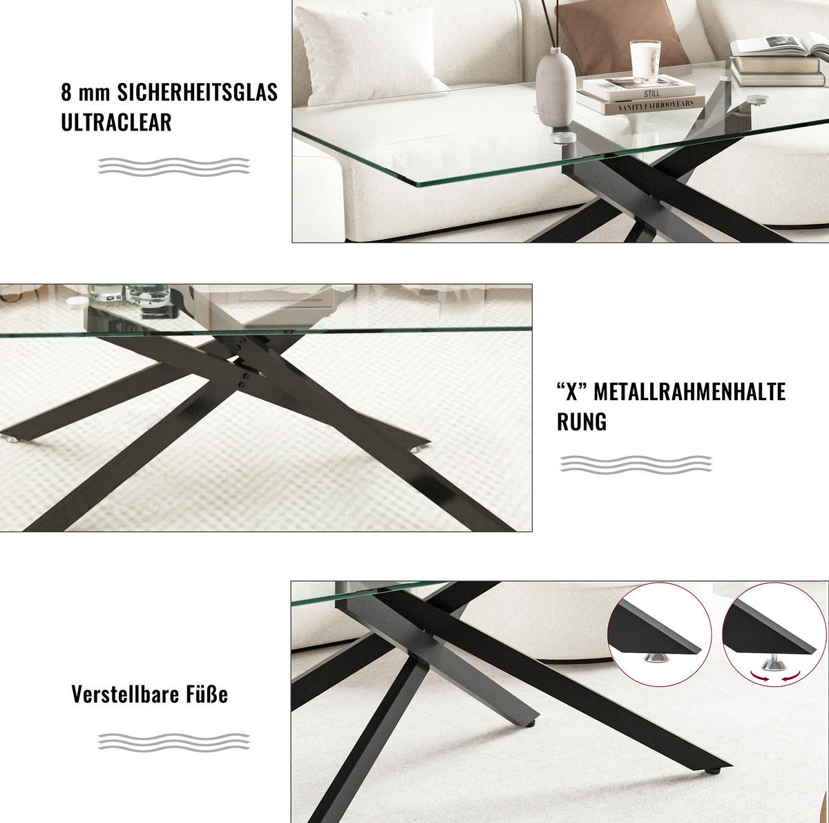 COUCHTISCH 120/60/46 cm mit Sicherheitsglas und schwarzem Metallgestell, pflegeleicht, Schwarz - Schwarz, Glas (120/60/46cm) - Redom