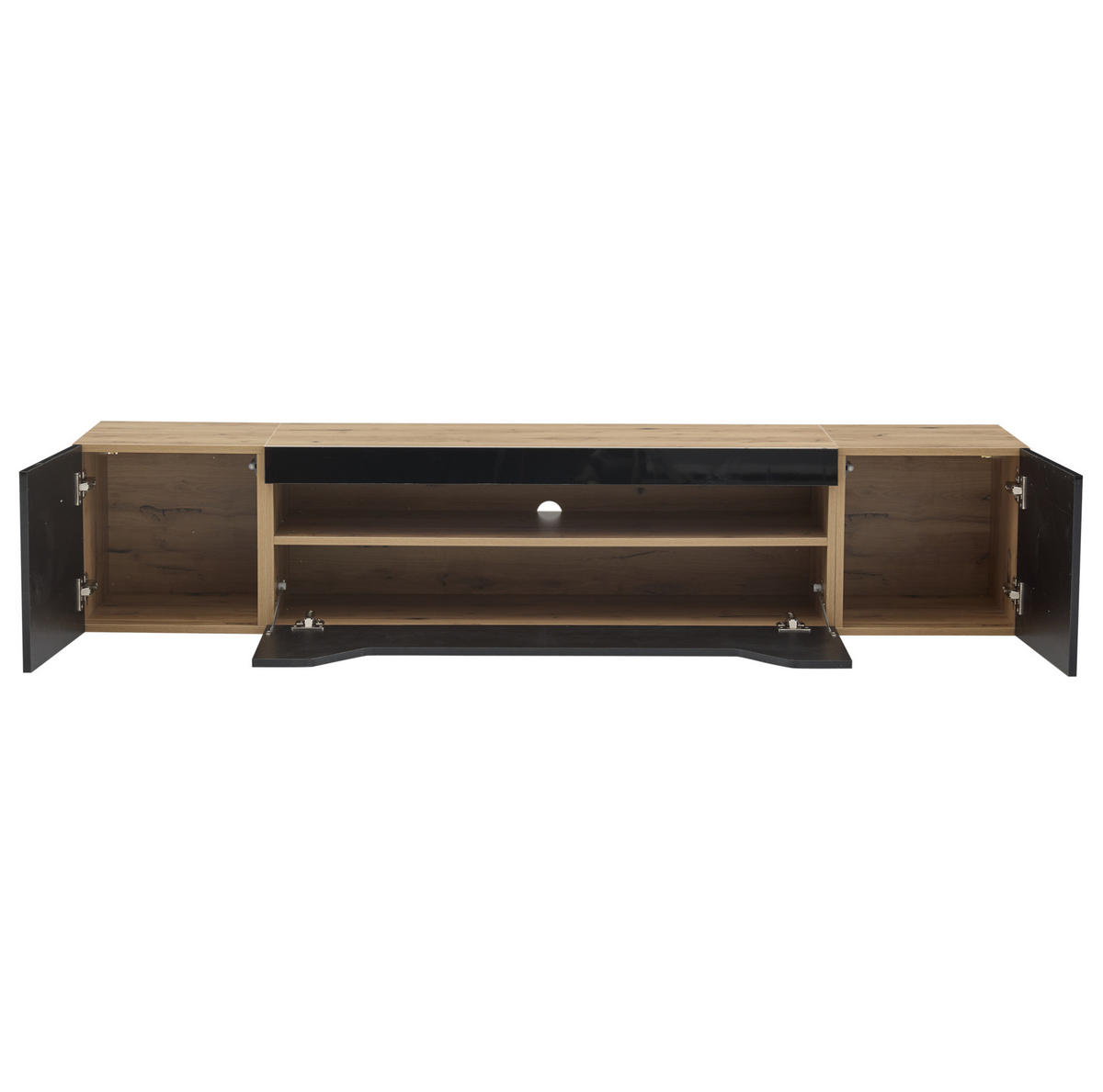 ZÁVĚSNÝ TV stolek 180/37/36 cm s LED osvětlením, vysokým leskem a víceúrovňovým úložištěm, Černá + přírodní dřevo - černá, kompozitní dřevo (180/36/37cm) - Redom