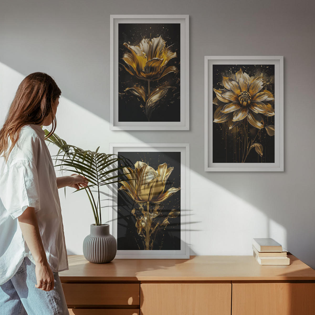 WANDBILDER 3er-Set - 40x60 cm Weißer Rahmen - Gelbe Blüten auf dunklem Hintergrund - Weiß, Kunststoff (40/60cm) - ArtPrintCave
