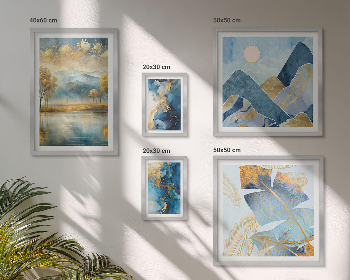BILDER SET 5er Set - 50x50 cm & 20x30 cm & 40x60 cm Silberner Rahmen - Goldmuster in den blauen Bergen - Silberfarben, Kunststoff (40/60cm) - TULUP