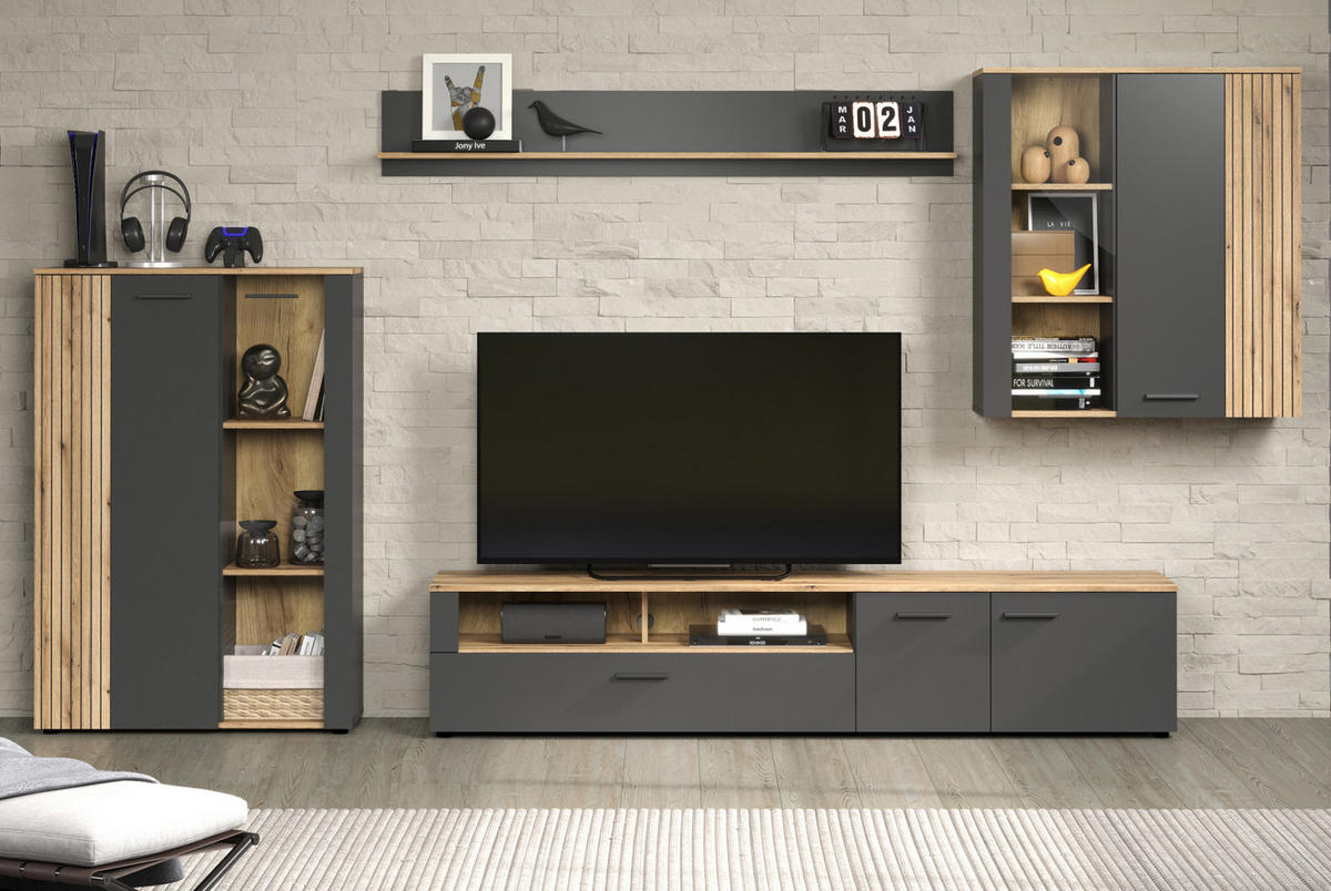 WOHNWAND grau, Evoke Eiche 4-teilig 340 cm, Schrankwand mit viel Stauraum - Eichefarben/Anthrazit, Holzwerkstoff/Kunststoff (167/25/18cm) - Top.Furn