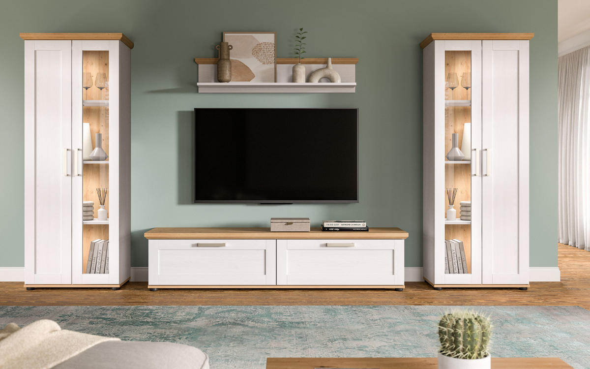 WOHNWAND 4-teilig weiß Lärche, Eiche Artisan 316 cm Landhaus, Schrankwand mit viel Stauraum - Silberfarben/Schwarz, Holzwerkstoff/Kunststoff (316/161/40cm) - Inn.Furn