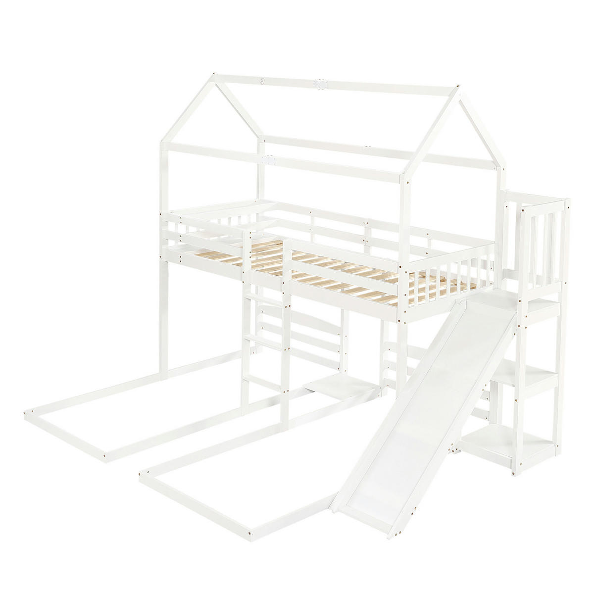 POSCHODOVÁ posteľ 90/200 cm biela s tromi lôžkami, šmykľavkou a úložným priestorom z borovice a MDF - biela, drevo (90/200cm) - OKWISH