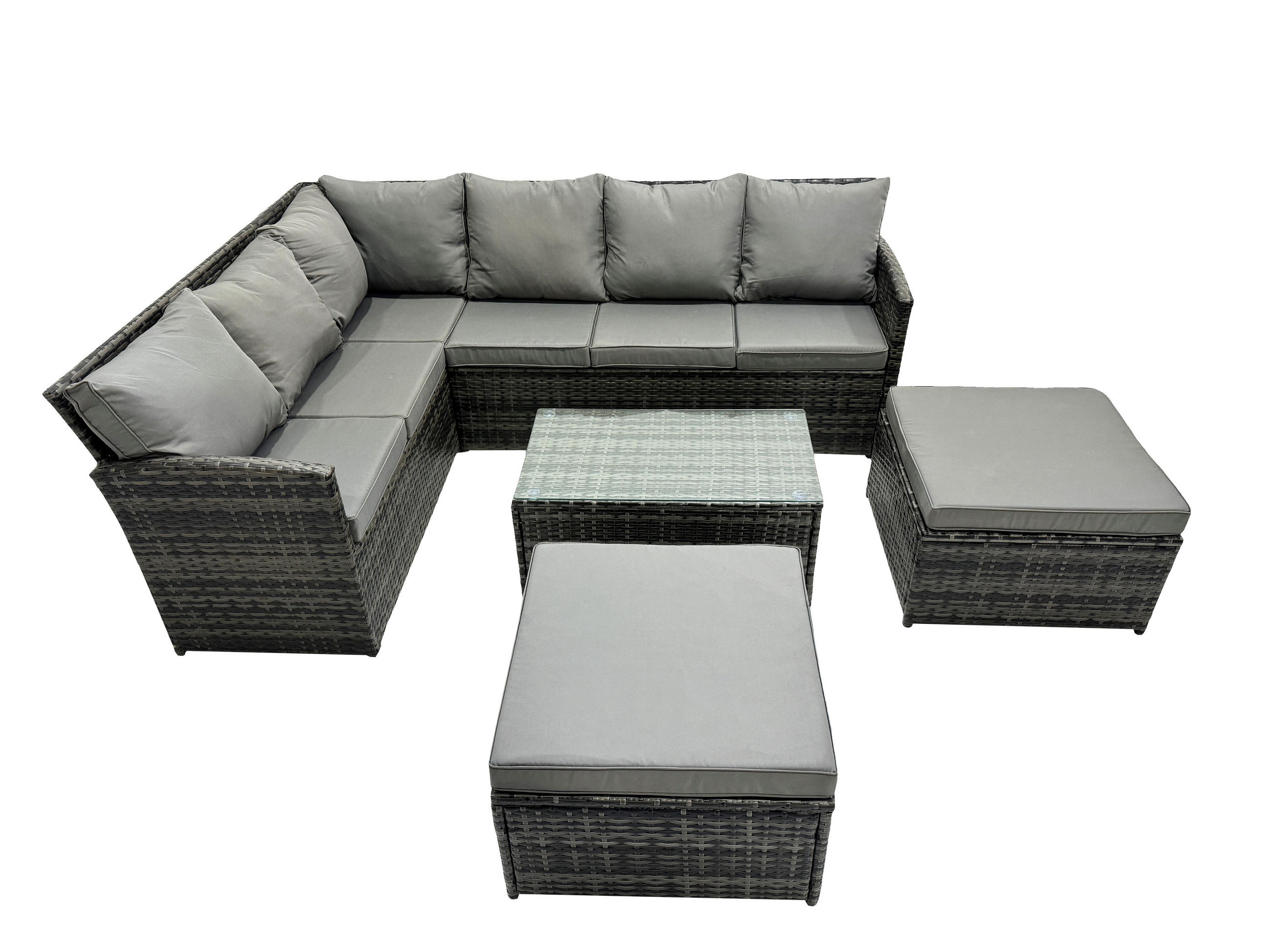 GARTENSET mit Couchtisch, Fußhocker Polyrattan Dunkelgrau 8-Sitzer - Dunkelgrau/Grau, Glas/Kunststoff - Fimous