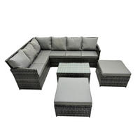 GARTENSET mit Couchtisch, Fußhocker Polyrattan Dunkelgrau 8-Sitzer - Dunkelgrau/Grau, Glas/Kunststoff - Fimous