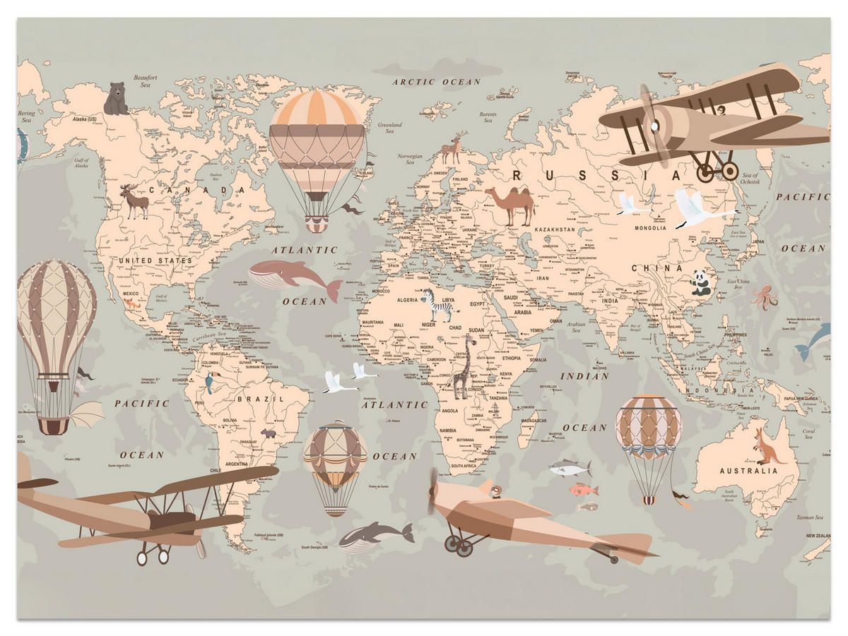 FOTOTAPETE für Kinderzimmer Retro Weltkarte Balony Flugzeuge 500x350 - Beige/Orange, Papier (500/350cm) - Muralo