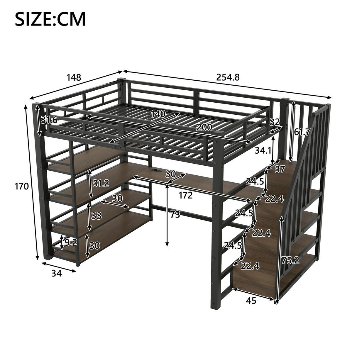 HOCHBETT 140/200 cm aus Metall und MDF mit Schreibtisch, Treppe, LED-Licht und Stauraum Schwarz - Schwarz, Holzwerkstoff (140/200cm) - Modenvie