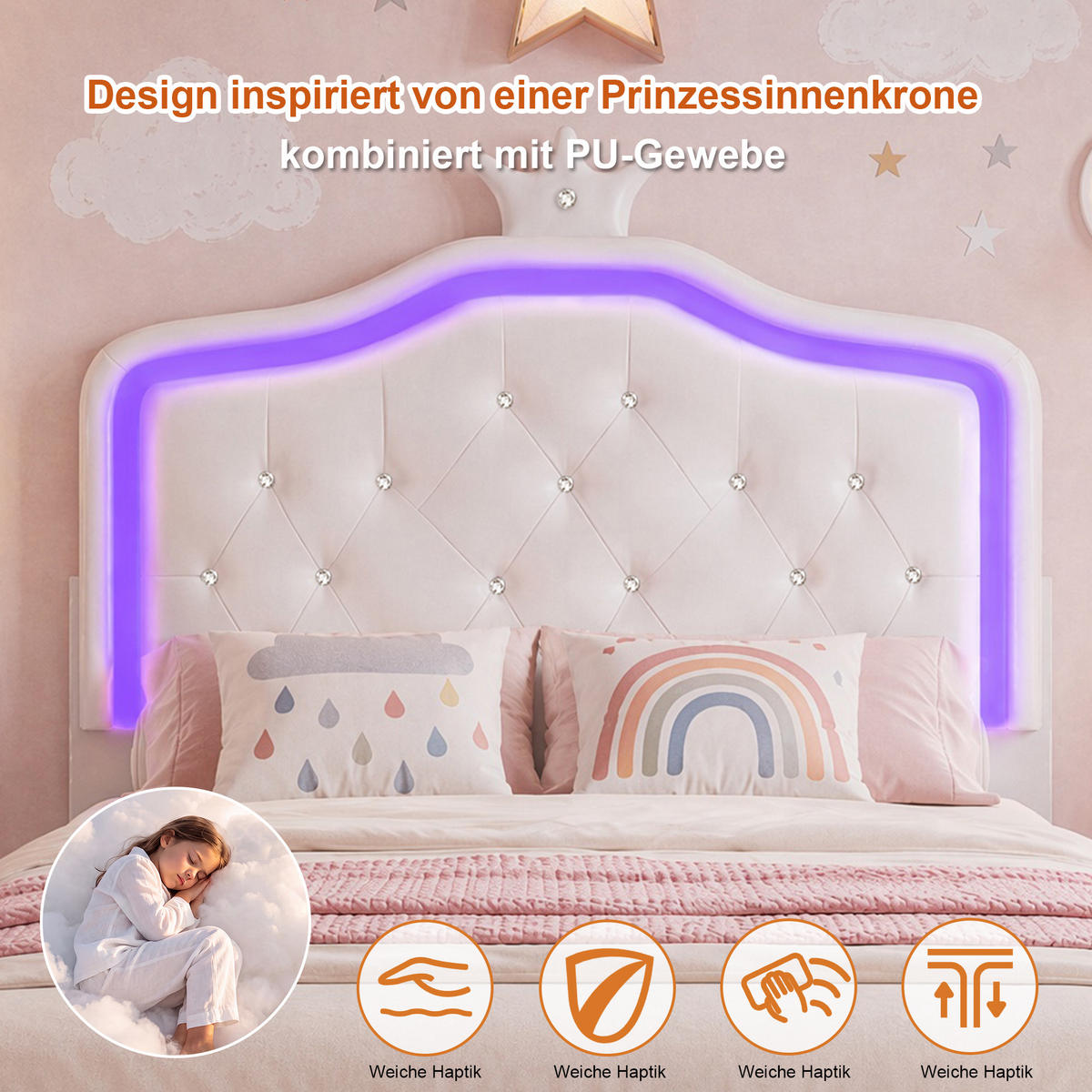 POLSTERBETT 140/200 cm mit LED und Schublade,Kinderbett Kunstleder, Weiß - Weiß, Holz/Metall (140/200cm) - PARAFTA HOME