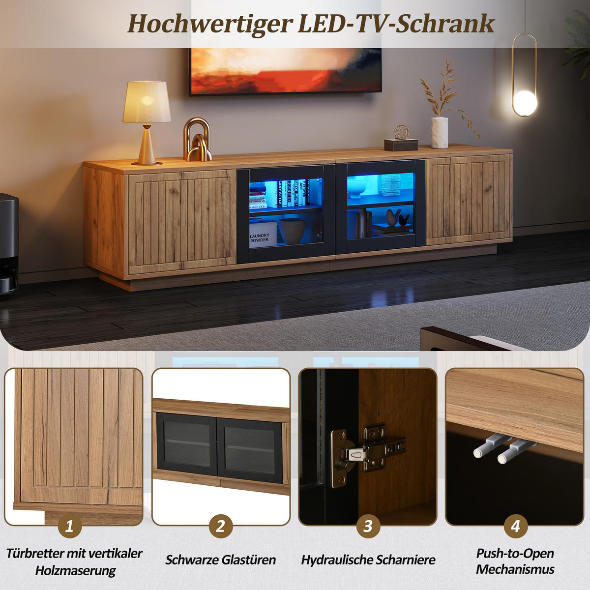 TV LOWBOARD 180cm 75 Zoll LED Glas Naturholz Schwarz modern - Naturfarben, Holzwerkstoff (40/45/180cm) - FLIEKS