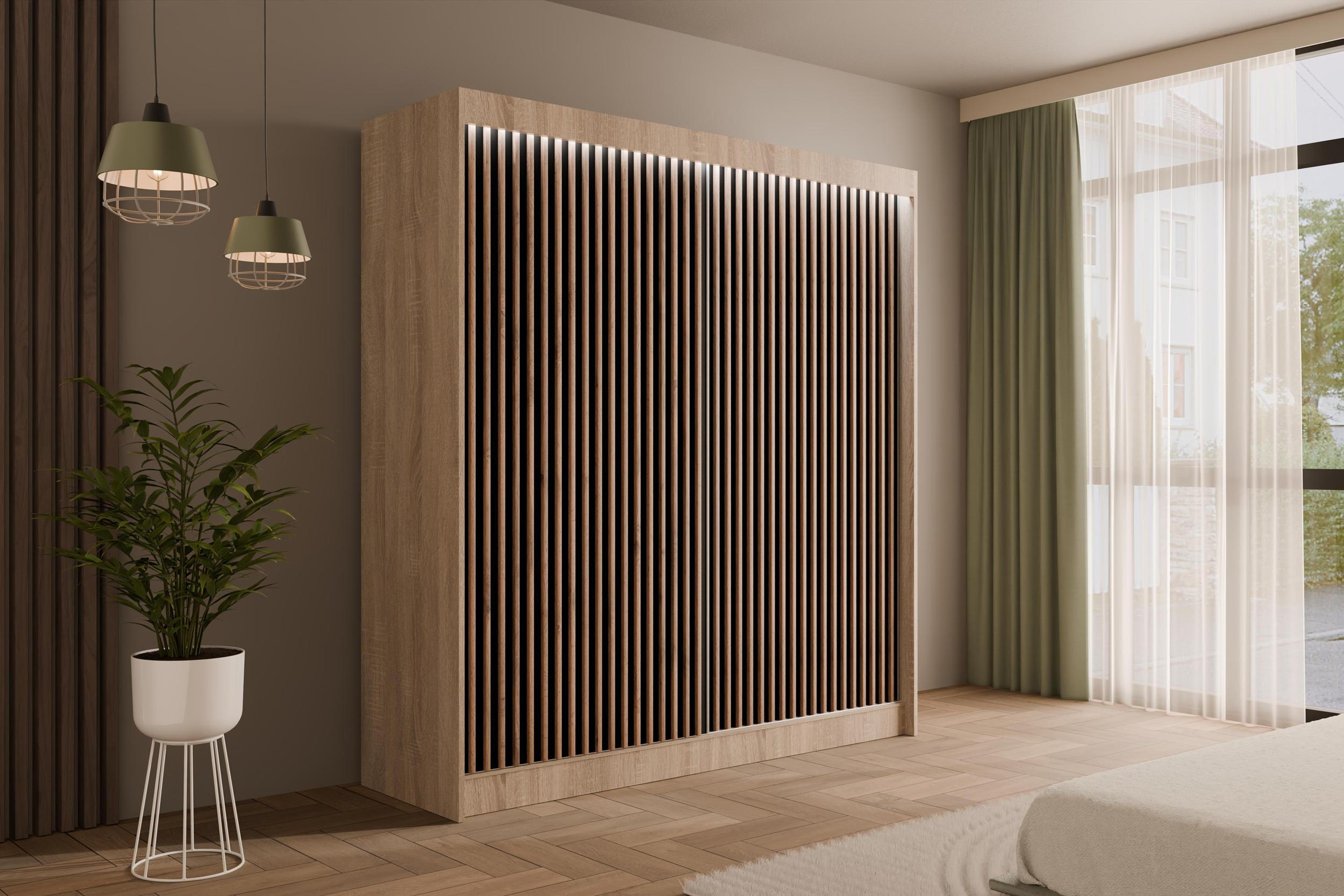 KLEIDERSCHRANK mit LED, Lamel-Schiebetüren VILANv2 - 200 cm Sonoma Eiche + Lamelle Eiche Wotan - Eiche Wotan/Sonoma Eiche, Holzwerkstoff (200/215/61cm) - ALTDECOR