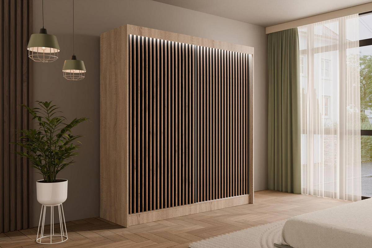 KLEIDERSCHRANK mit LED, Lamel-Schiebetüren VILANv2 - 200 cm Sonoma Eiche + Lamelle Eiche Wotan - Eiche Wotan/Sonoma Eiche, Holzwerkstoff (200/215/61cm) - ALTDECOR