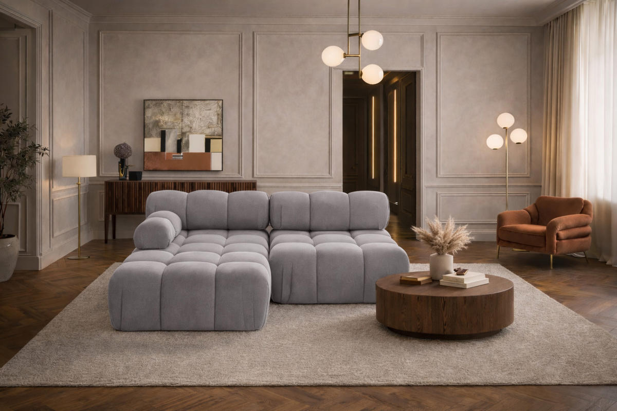 ECKSOFA L-Form Mini II Modular, Veloursstoff Salvador, Grau, Links, Selia - Grau, Holz (190/160cm) - Kaiser Möbel