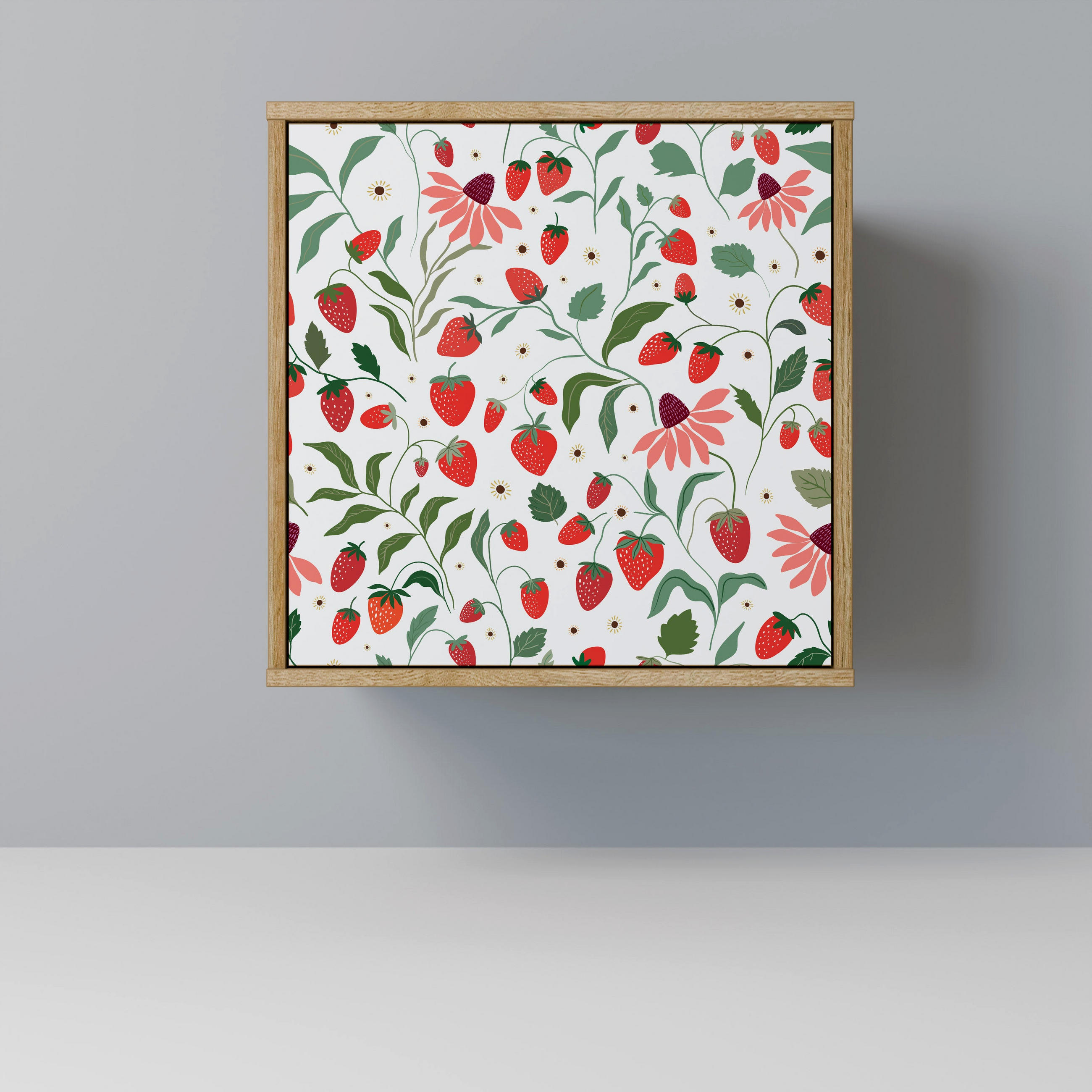 SIDEBOARD FLOWERS AND STRAWBERRIES, Eichefarben, 57,5x42x57,5 cm, Ohne Füße - Eichefarben/Multicolor, Holzwerkstoff (57.5/57.5/42cm) - SpaceRebels