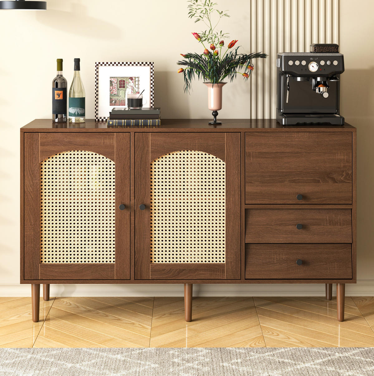 SIDEBOARD 130/40/75,5 cm Holzfarbe aus Spanplatte mit Rattantüren - Eichefarben, Holzwerkstoff (130/75.5/40cm) - OKWISH