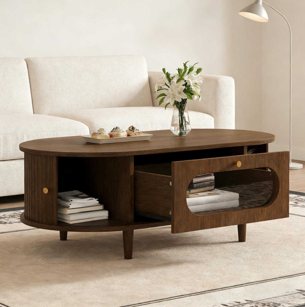 COUCHTISCH 100/50/36 cm Walnuss aus MDF mit Schublade und Rollladentüren - Nussbaumfarben, Holzwerkstoff (100/50/36cm) - OKWISH