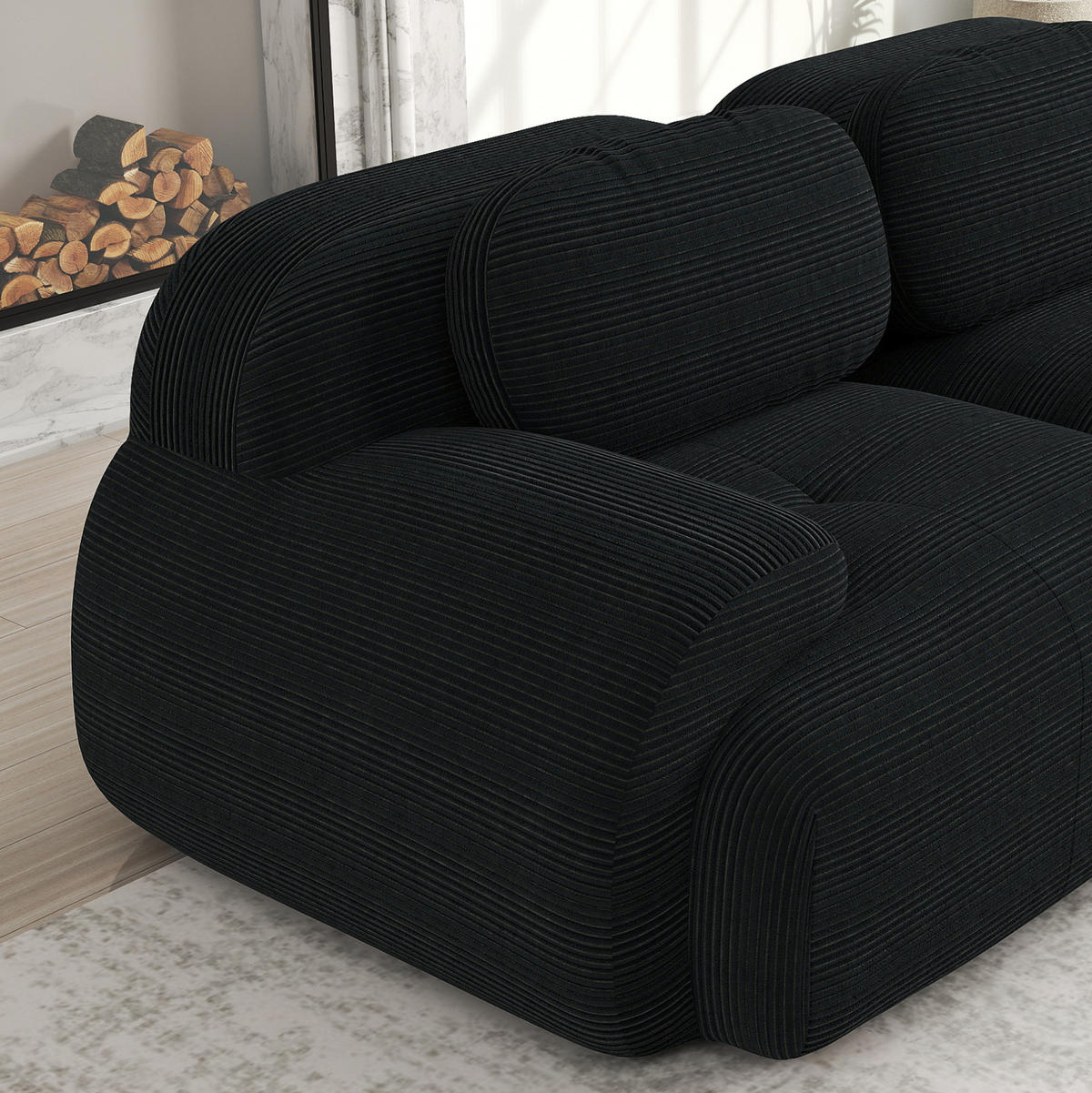 SOFA modular mit Chaiselongue Cord Black 4-Sitzer - Schwarz, Kunststoff (178/388cm) - Meubliv