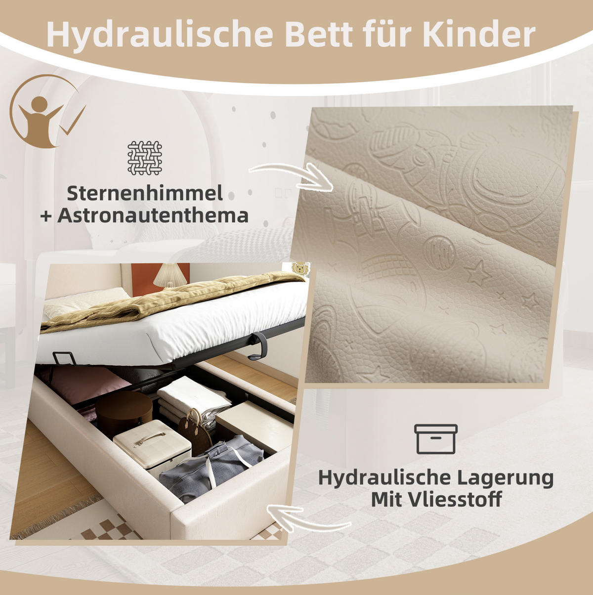 KINDERBETT Polsterbett 90/200 cm aus PU mit Stauraum und hydraulischem Lattenrost Beige - Beige, Kunststoff (90/200cm) - Modenvie