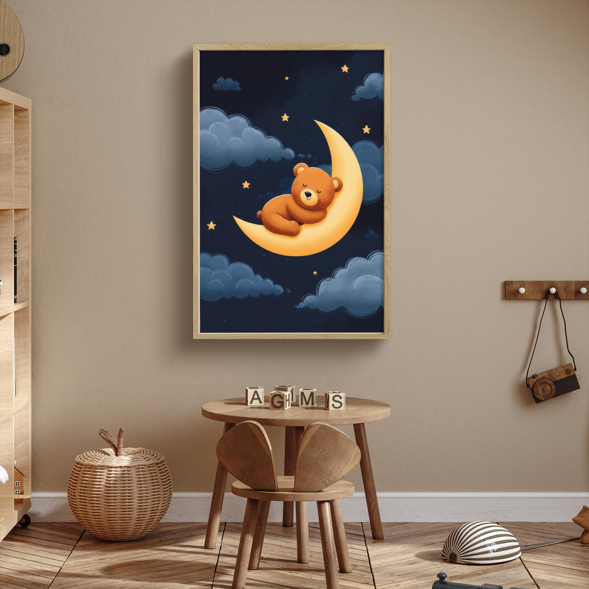 NACHTTISCHLAMPE MIT AKKU Teddybär - Mond - Wolken - Sterne 60x90 cm - Dunkelblau, Holzwerkstoff (8/60/90cm) - OnlyWow