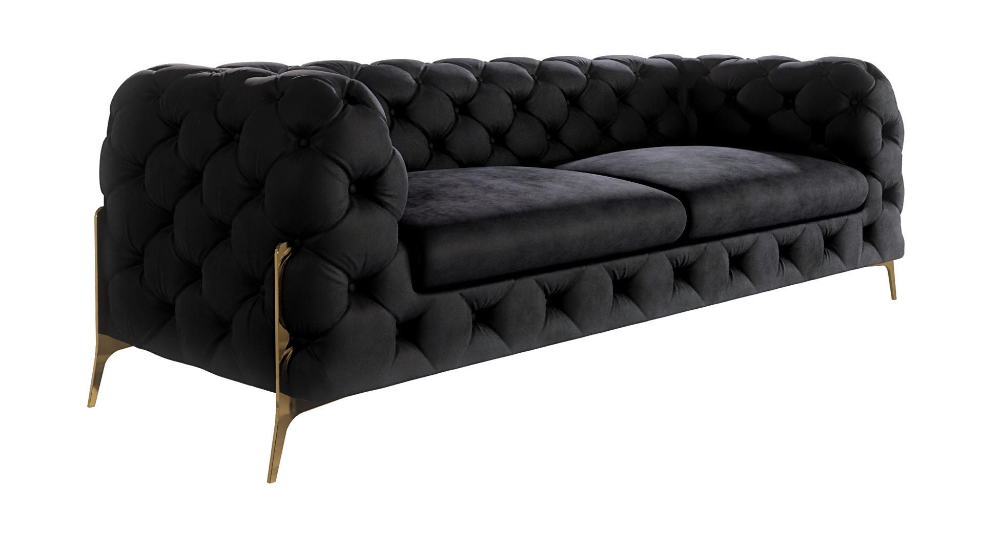 S-Style CHESTERFIELD TŘÍMÍSTNÁ POHOVKA Lexi z černého sametu se zlatými nohami