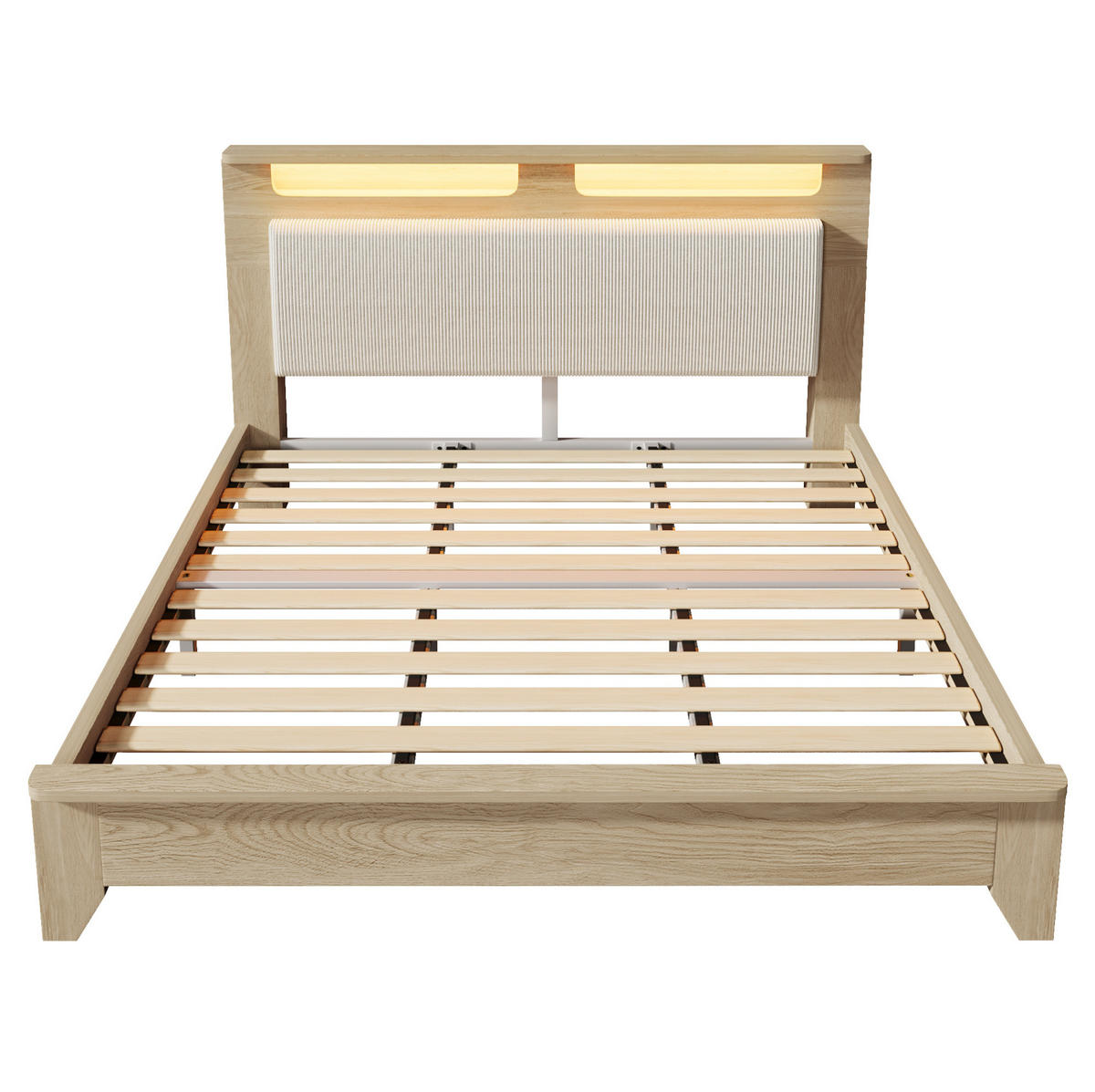 POLSTERBETT 180/200 cm Beige aus Cordstoff und Holz mit LED und Stauraum - Beige, Textil (180/200cm) - OKMYHOME