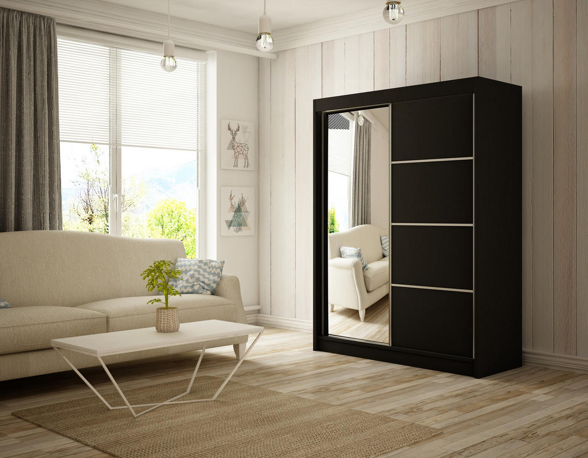 SCHIEBETÜRENSCHRANK RABI - Schwarz, Holzwerkstoff (120/215/61cm) - Meblini