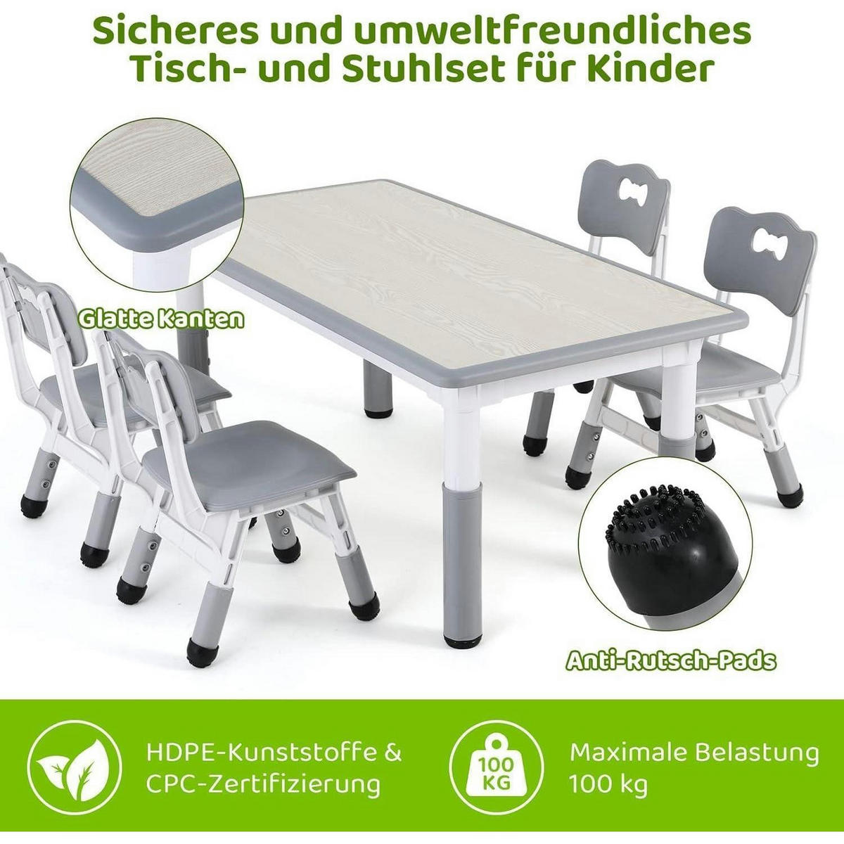 KINDERTISCH- und Stuhl-Set 5-teilig Höhenverstellbar Grau 120 x 60 cm - Grau, Kunststoff (60/60/120cm)