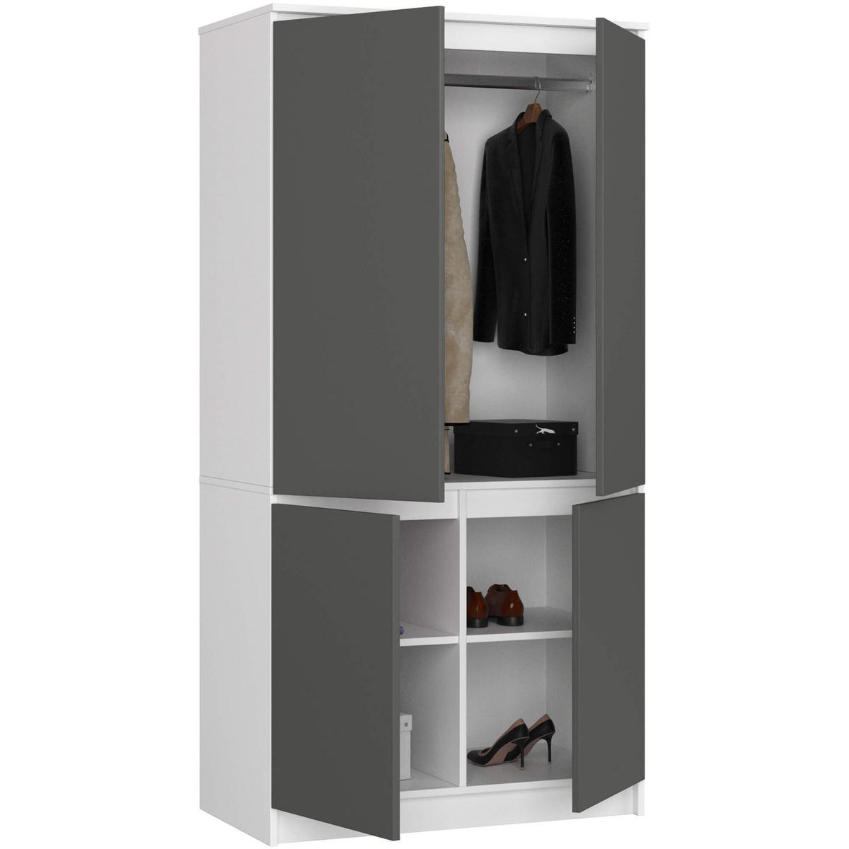 KLEIDERSCHRANK S90 4D, Weiß-Grau, 90x51x180 cm - Weiß/Grau, Holz (51/180/90cm) - Milordbikes
