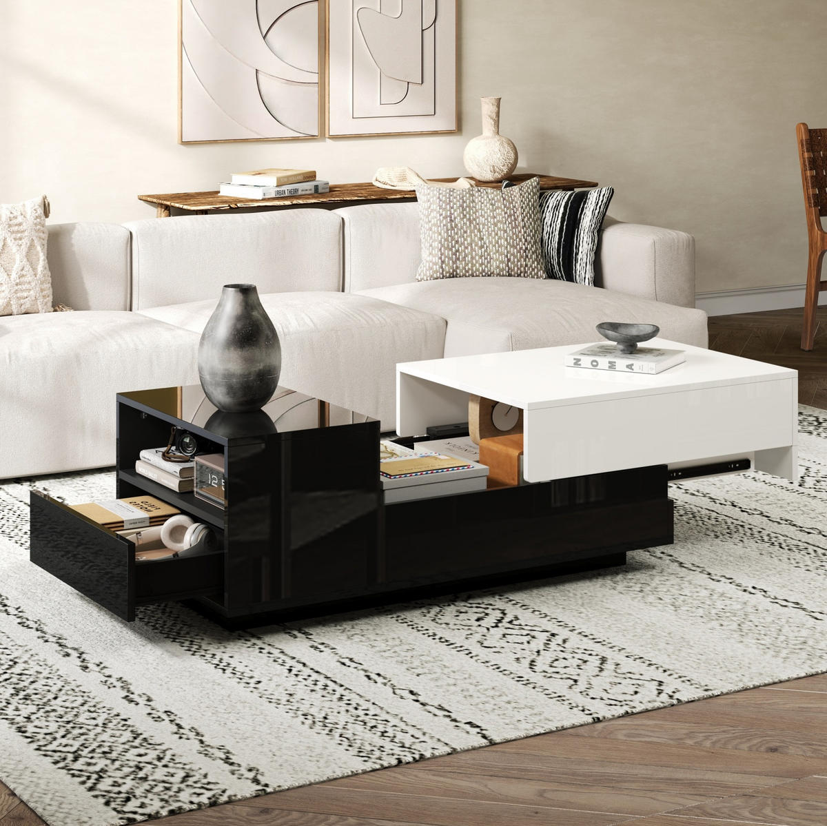 COUCHTISCH 100/50/38 cm in Weiß/Schwarz mit 2 Schubladen und Hochglanz - Weiß, Holzwerkstoff (100/50/38cm) - Flora Grace