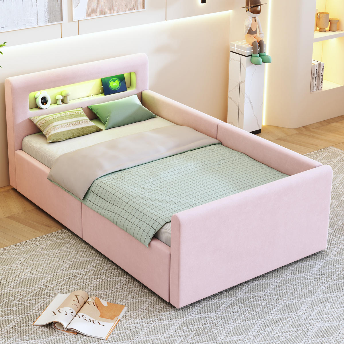 POLSTERBETT Kinderbett 90/200 cm Rosa mit LED-Beleuchtung und USB-Ladeanschluss - Rosa, Textil (90/200cm) - OKWISH