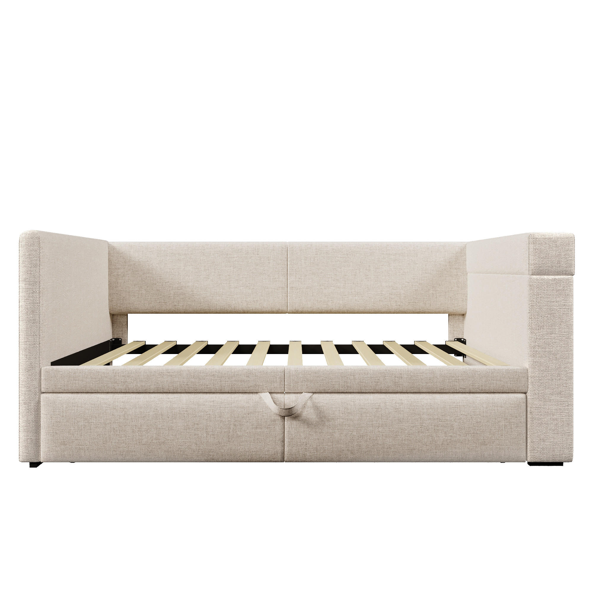 TAGESBETT 90/200 cm mit Ausziehbett und Armlehnen mit Getränkehalter, Beige, Leinen - Beige, Holz/Metall (98/74/217cm)