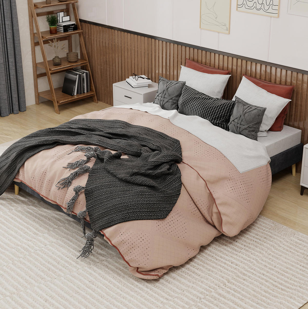 POLSTERBETT 160/200 cm grau aus Stoff und Metall mit geometrischem Kopfteil - Grau, Textil (160/200cm) - OKWISH