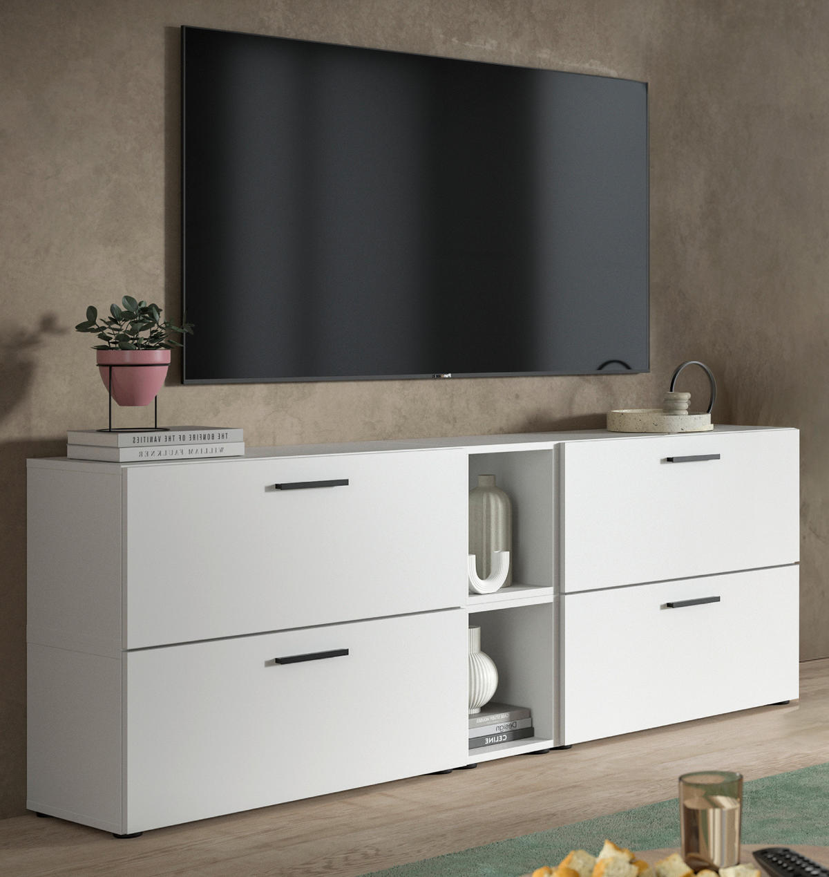 TV-LOWBOARD weiß 176 cm, Fernsehtisch hängend / stehend mit Soft-Close - Schwarz/Weiß, Holzwerkstoff/Kunststoff (176/67/34cm) - Inn.Furn