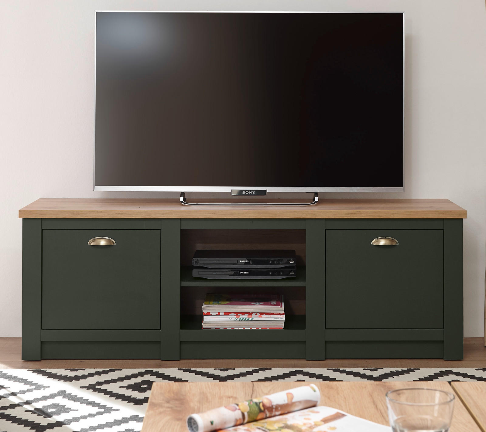 TV-LOWBOARD grün, Wotan Eiche 152 x 51 cm, TV Unterteil im Landhaus-Stil - Dunkelgrün/Messingfarben, Holzwerkstoff/Kunststoff (152/51/45cm) - Furn.Design