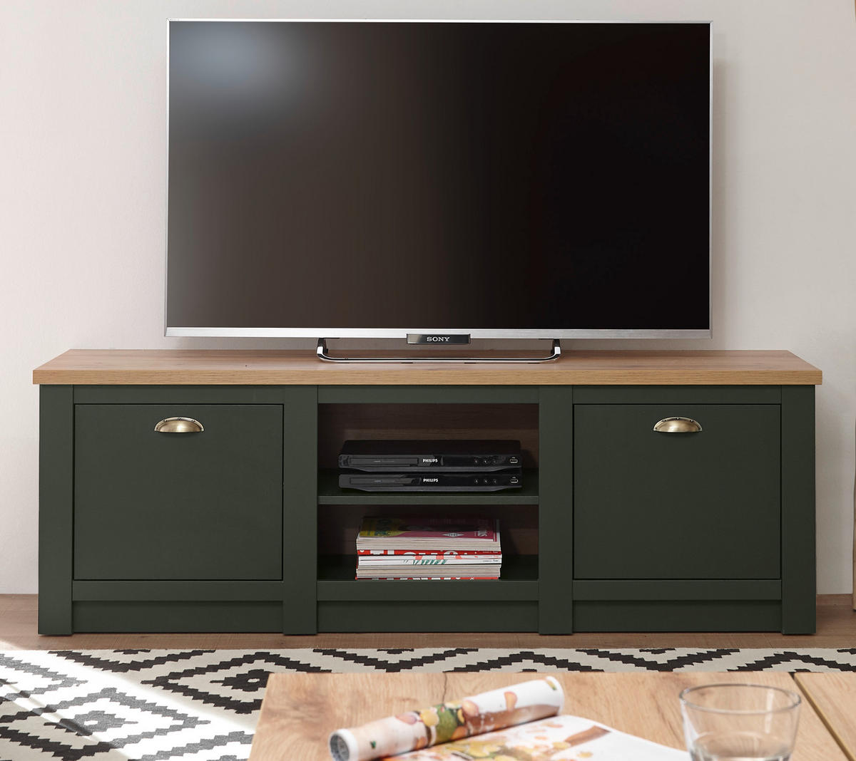 TV-LOWBOARD grün, Wotan Eiche 152 x 51 cm, TV Unterteil im Landhaus-Stil - Dunkelgrün/Messingfarben, Holzwerkstoff/Kunststoff (152/51/45cm) - Furn.Design