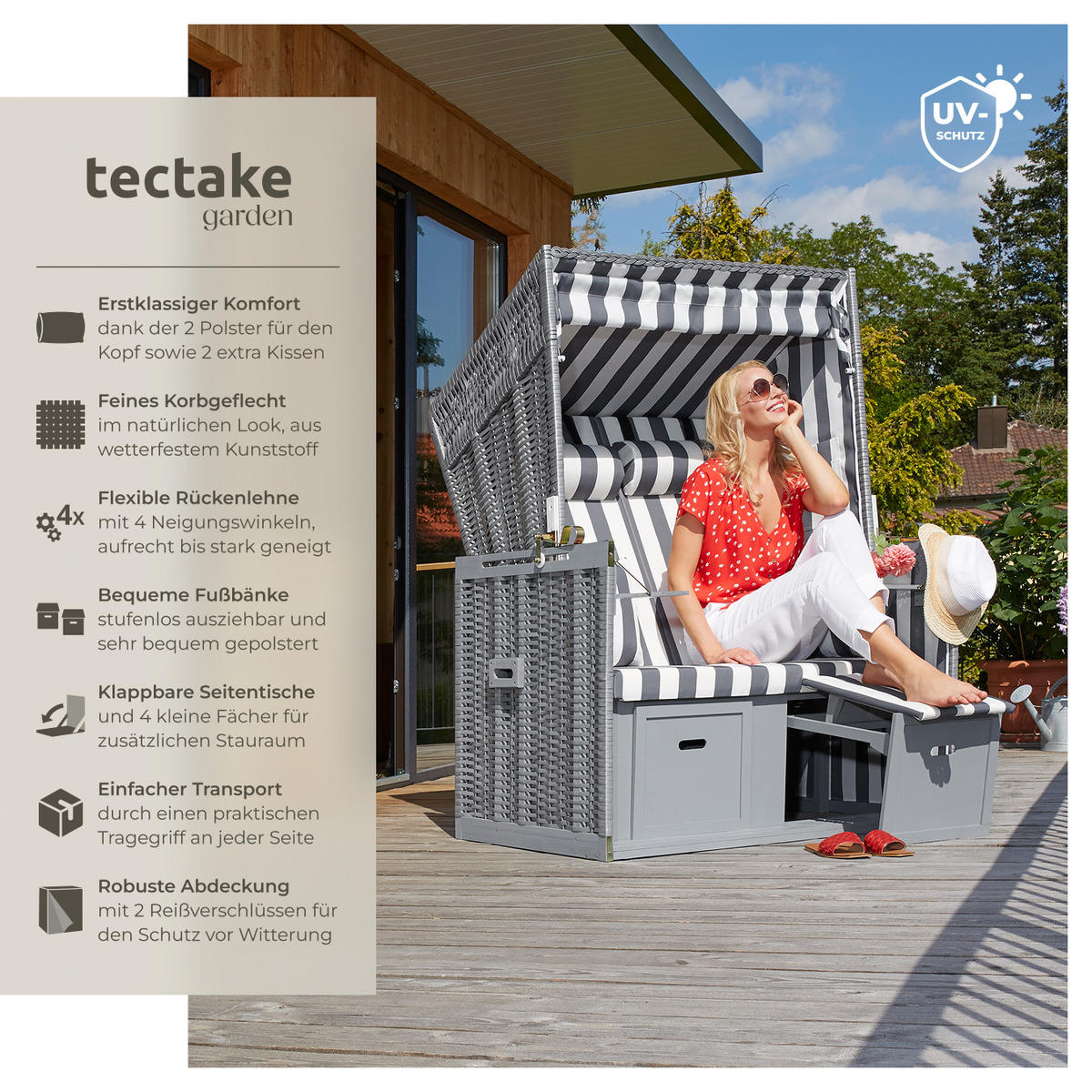 STRANDKORB Sylt,115 x 158 x 78 cm,grau/weiß - Weiß/Grau, Holz (78/158/115cm) - tectake