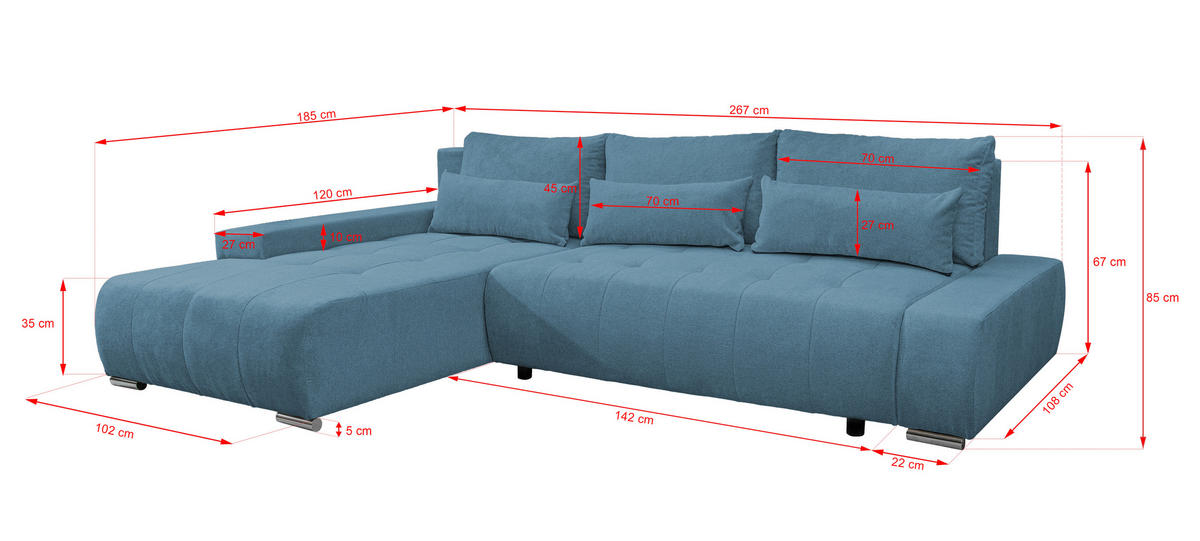 ECKSOFA Bloom mit Bettkasten und Schlaffunktion L-Form - Blau, Textil (267/185cm)