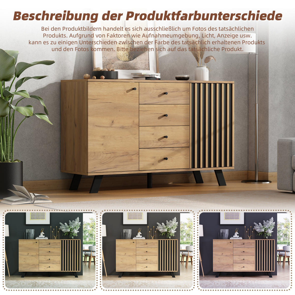 SIDEBOARD 120/38/75 cm mit 2 Türen & 4 Schubladen in Schwarz/Natur - Schwarz, Holzwerkstoff (120/75/38cm) - BEAOK