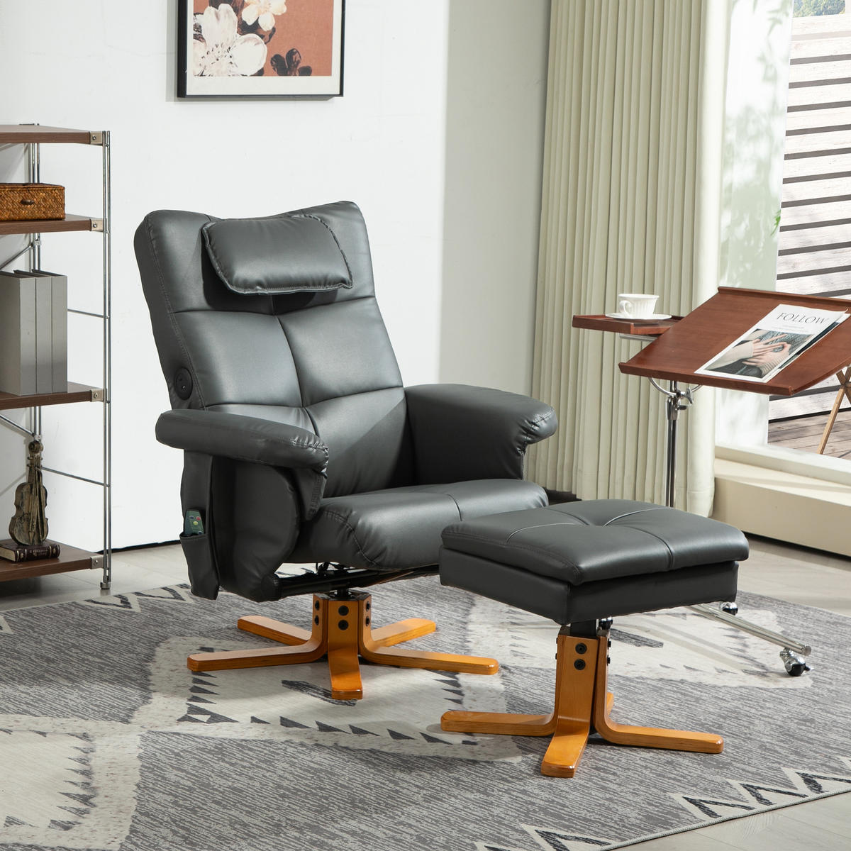 RELAXSESSEL Massagesessel mit Hocker Fernsehsessel mit Liegefunktion Dunkelgrau - Dunkelgrau, Leder (86/93/78cm) - HOMCOM