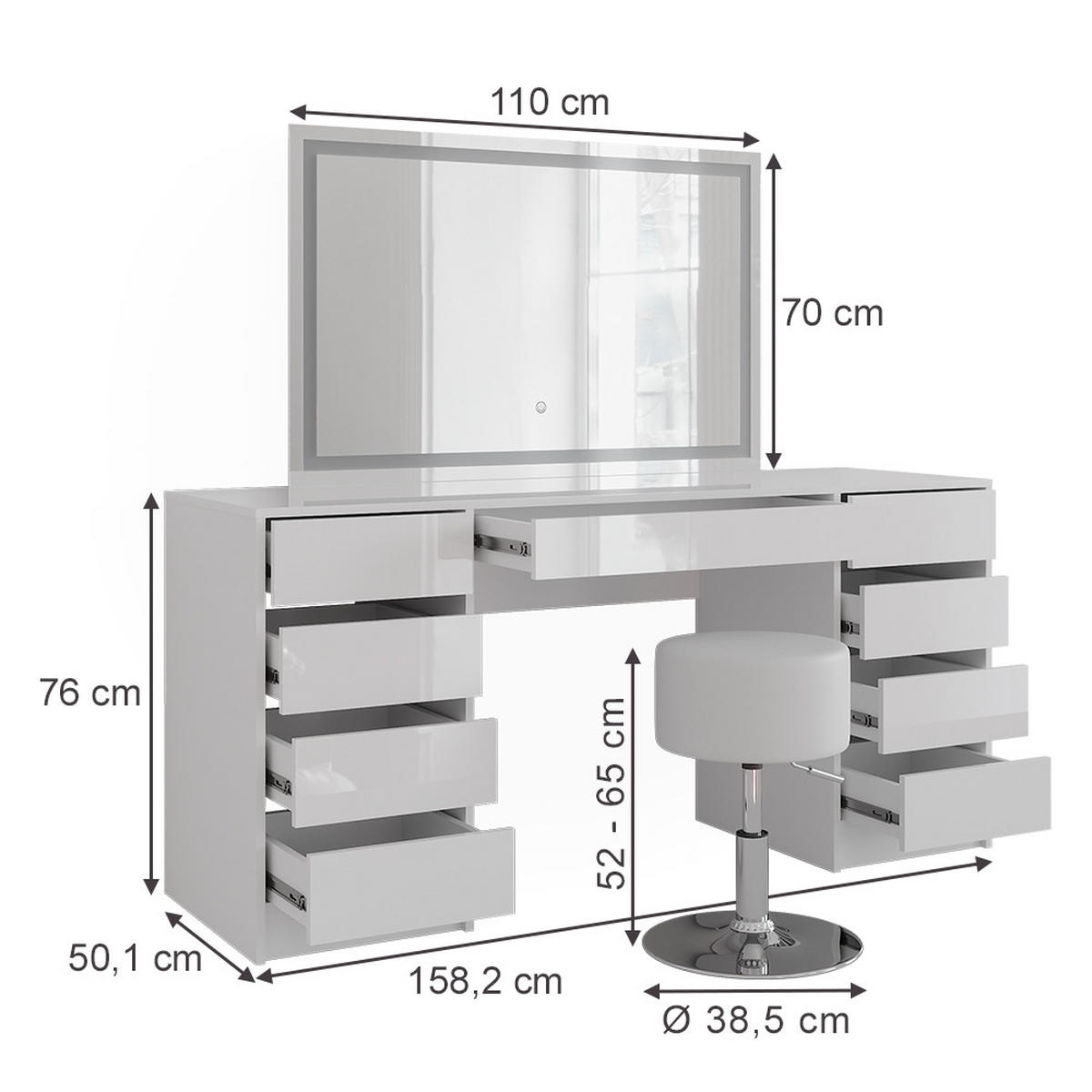 SCHMINKTISCH Sherry Weiß/Weiß Hochglanz 158.2 cm mit LED-Spiegel und Hocker - Weiß Hochglanz, Holzwerkstoff (158.2/76/50.1cm) - Vicco