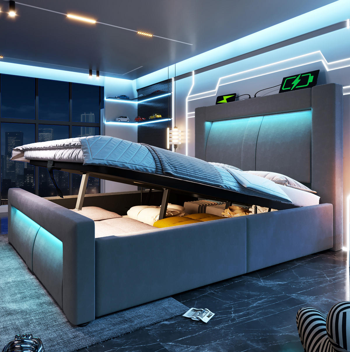 BETT mit Stauraum und LED 90x200 cm Samt Grau - Grau, Metall (90/200cm) - Meubliv