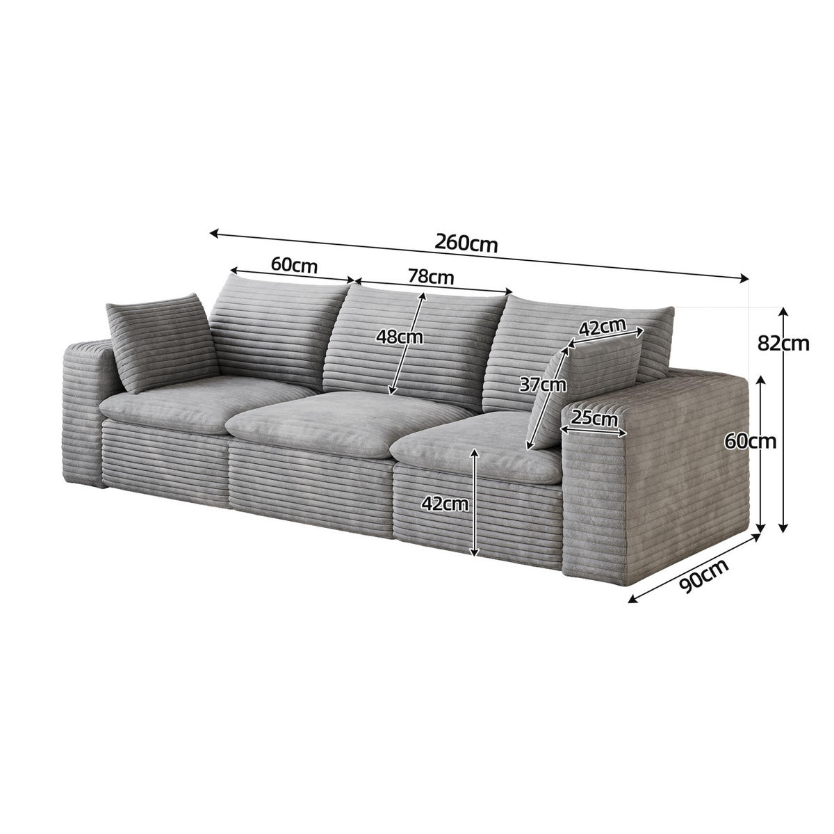 MODULÁRNÍ pohovka z látky 260x90x60 cm šedá s měkkým pěnovým jádrem a variabilním uspořádáním - šedá, textil (260/60/90cm) - Modfu