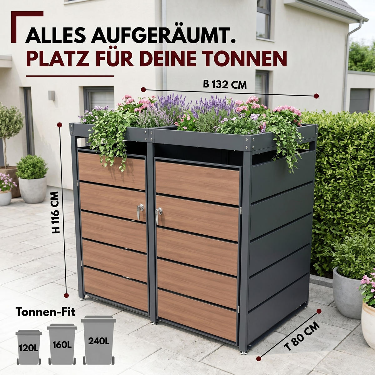 MÜLLTONNENBOX mit Pflanzkasten 2er, MTP2 - Anthrazit, Metall (132/116/80cm) - Albatros